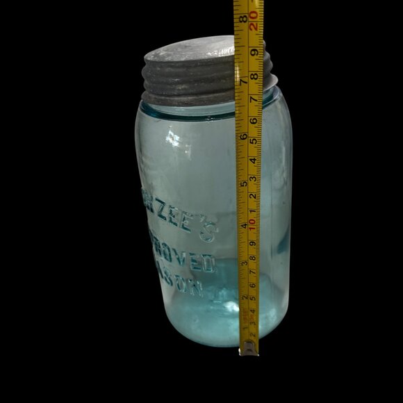 Vintage Swayzee’s improved Mason Blue Glass Quart  Jar zinc lid FLAW Bubble - Picture 4 of 4
